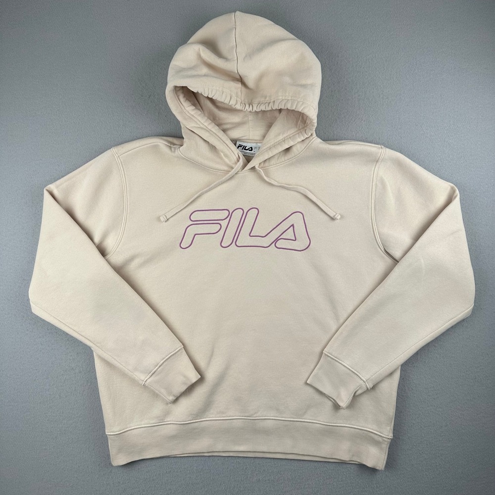 Fila Hoodie Womens XXL Beige Purple Logo Pullover Fleece Sweatshirt 1415